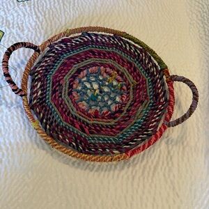 Round Fabric Wrapped Iron Tray w Handle Basket Boho Decor Bohemian